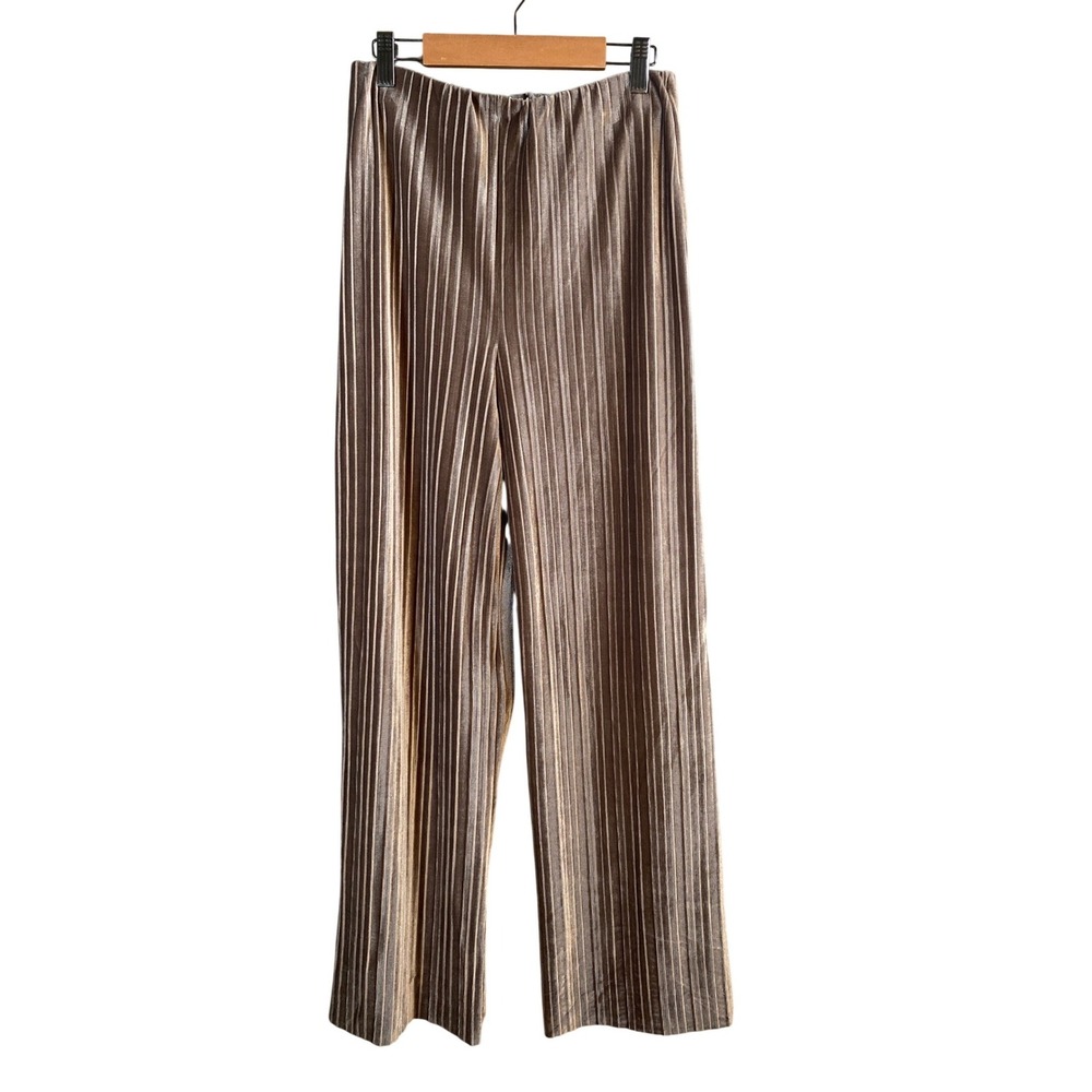 A New Day Plisse Velvet Wide Leg Pants Womens XS Taupe High Rise Pleated Chic